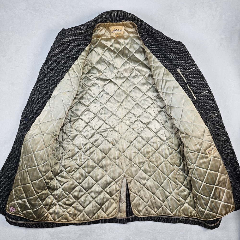 Vtg 80's Lakeland Sportswear Coat Mens 36 Tweed Wool Car Coat Liner Black Gray - Picture 3 of 16